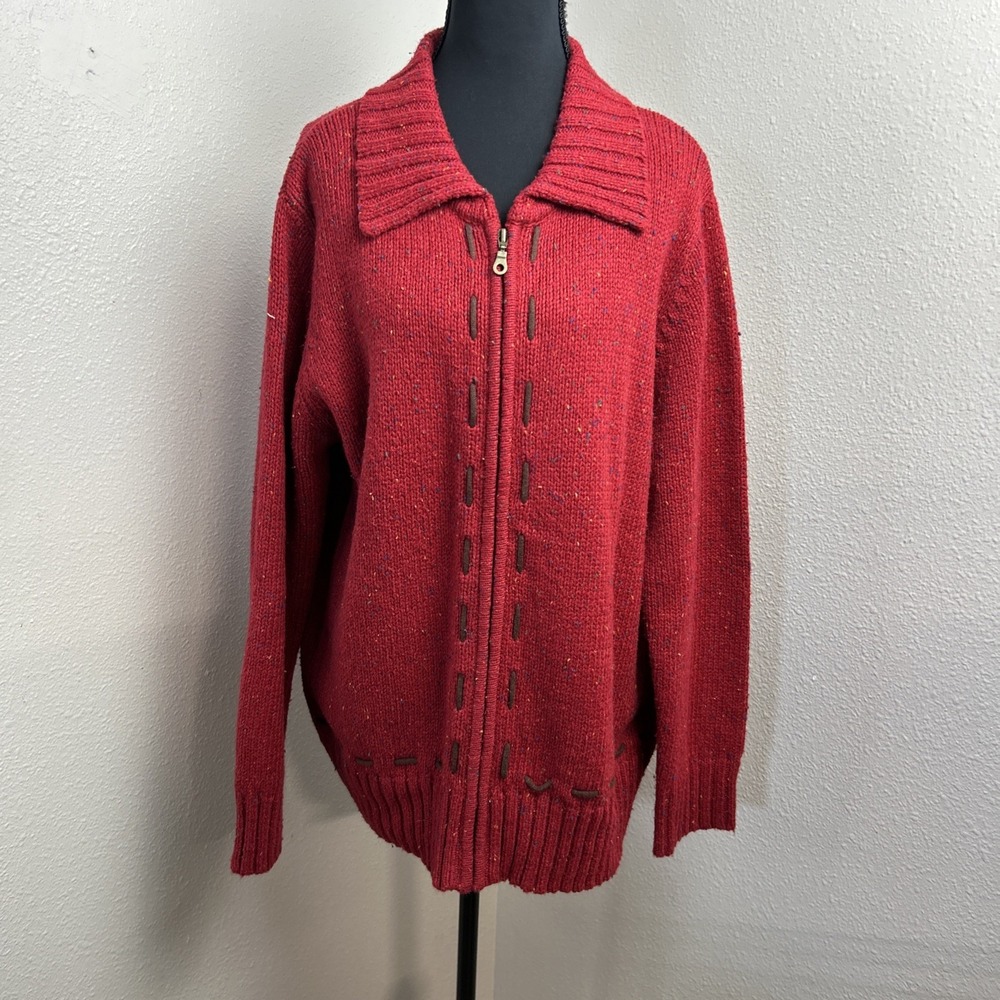 90s Cabin Creek Cable Knit Cardigan Sweater Women's Large Red Full Zip Preppy